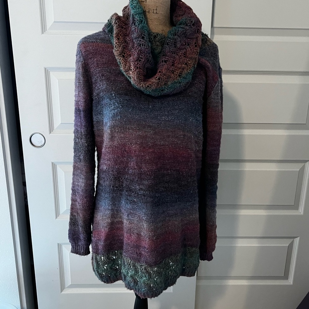 Multi colored cowl neck sweater.
